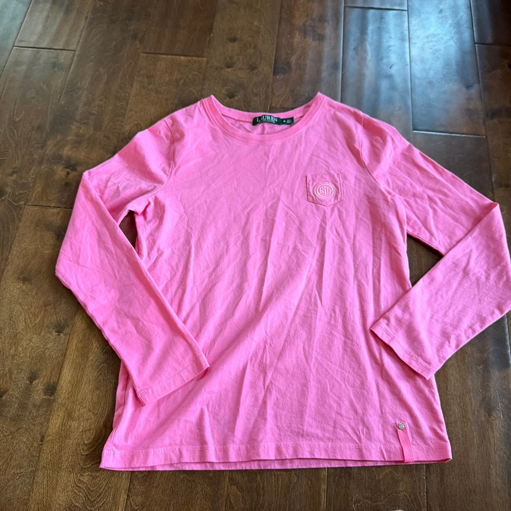 Lauren Ralph Lauren Pink Long Sleeve Pocket T-Shirt Embroidered Crest Logo M